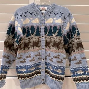 Vintage ORVIS Cardigan 100% Wool Shetland- Blue with Buttons-Bird Deer Duck Fish